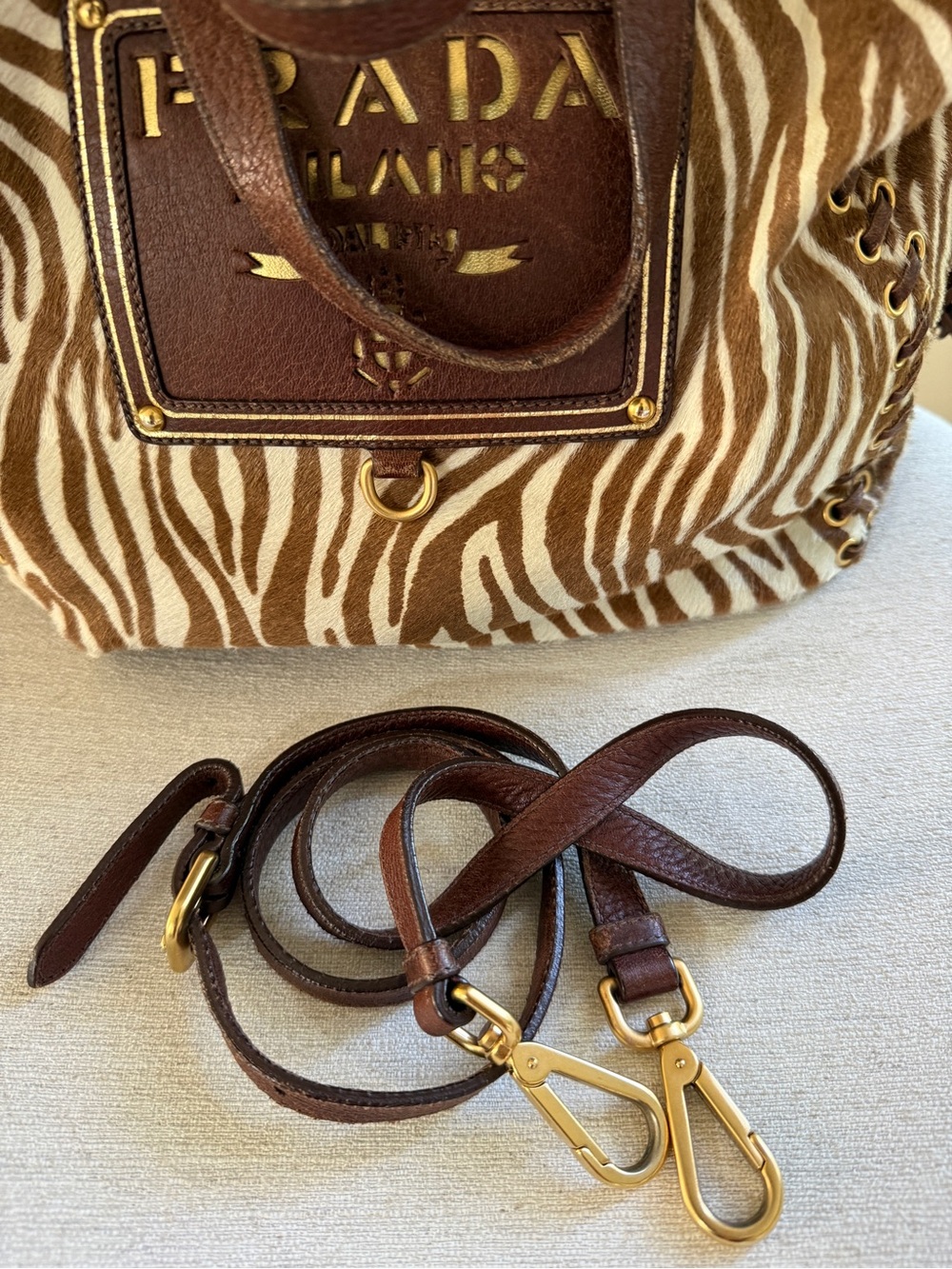 Prada Zebra Pony Hair Calf Hair Leather Tote Shoulder Bag Brown Gold Tassel - Picture 10 of 14